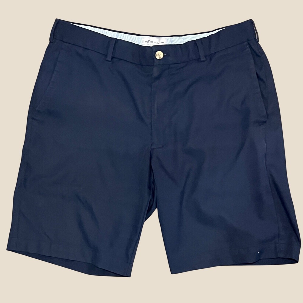 Peter Millar Mens Navy Blue Performance Golf Shorts Size 32 Embroidered M Logo